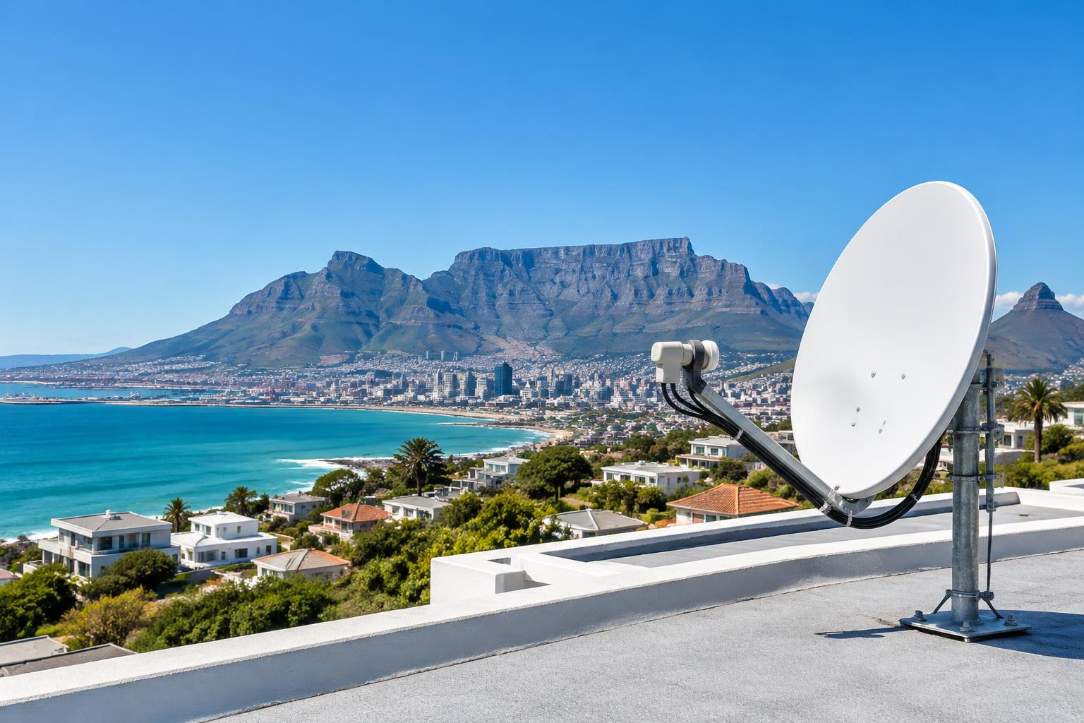 Satellite dish overlooking Cape Town and Table Mountain